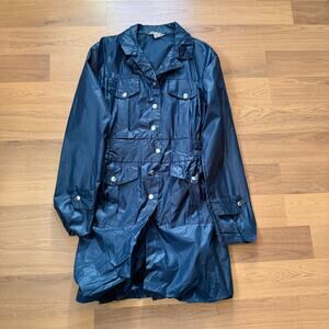 Women's Vintage 80's Navy Blue Nylon Snap Windbreaker Parka Jacket Sz Medium VTG